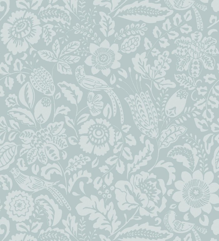 Papel pintado jardín romántico con pájaros color celeste - Kelmscott Folklore 683723