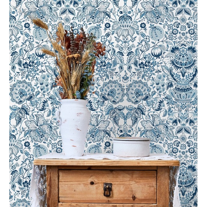 Papel pintado de granadas y jarrones color azul porcelana - Sabine Deft 683732