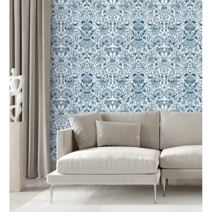 Papel pintado de granadas y jarrones color azul porcelana - Sabine Deft 683732