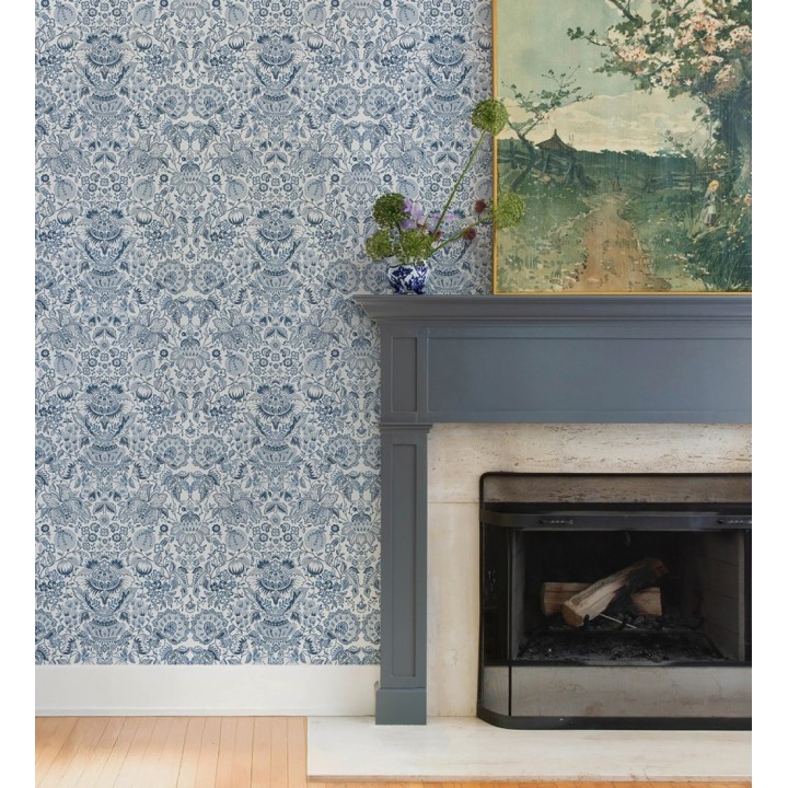 Papel pintado de granadas y jarrones color azul porcelana - Sabine Deft 683732