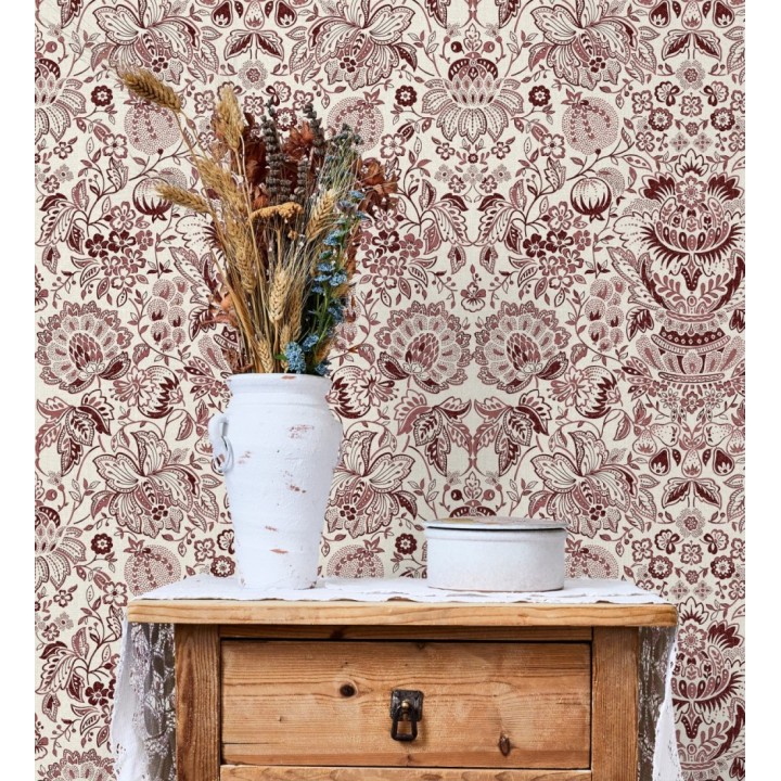 Papel pintado de granadas y jarrones color rojo burdeos  - Sabine Deft 683733