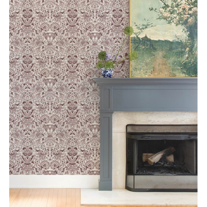 Papel pintado de granadas y jarrones color rojo burdeos  - Sabine Deft 683733