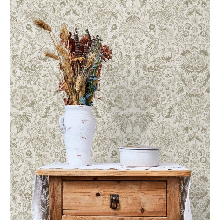 Papel pintado granadas y jarrones color beige lino - Sabine Deft 683734