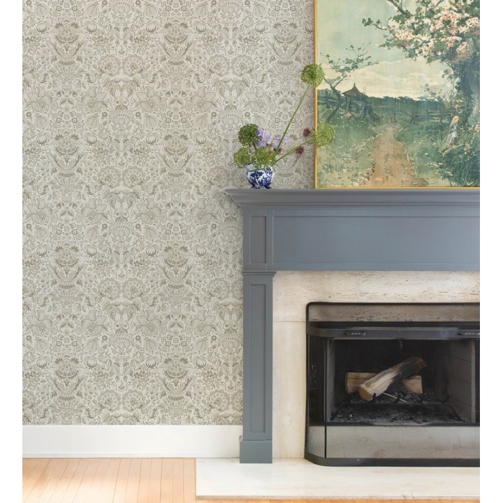 Papel pintado granadas y jarrones color beige lino - Sabine Deft 683734