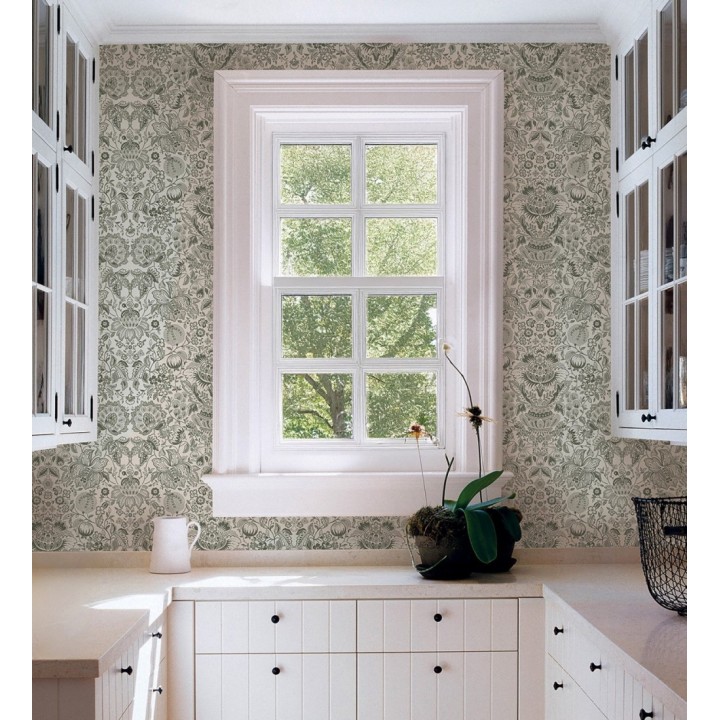 Papel pintado granadas y jarrones color verde aceituna - Sabine Deft 683735