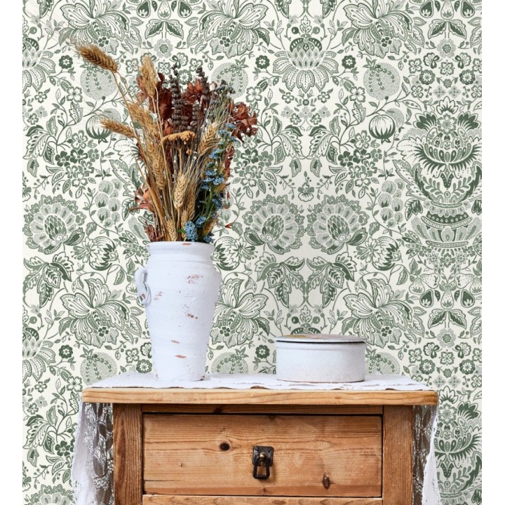 Papel pintado granadas y jarrones color verde aceituna - Sabine Deft 683735