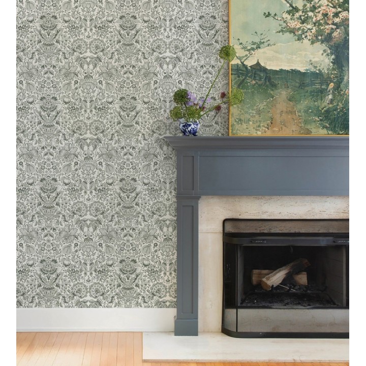 Papel pintado granadas y jarrones color verde aceituna - Sabine Deft 683735