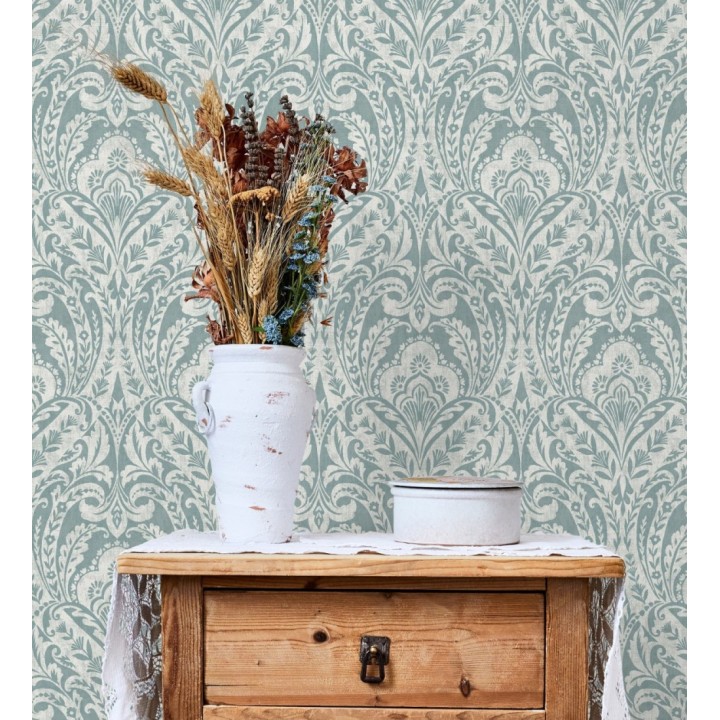 Papel pintado damasco étnico desgastado tonos verde agua - Clarendon Heritage 683740