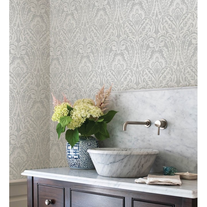 Papel pintado damasco étnico desgastado tonos gris visón - Clarendon Heritage 683741