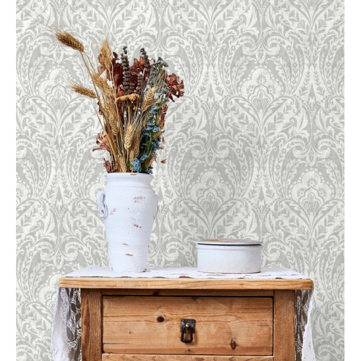 Papel pintado damasco étnico desgastado tonos gris visón - Clarendon Heritage 683741