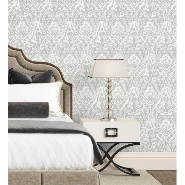 Papel pintado damasco étnico desgastado tonos gris visón - Clarendon Heritage 683741