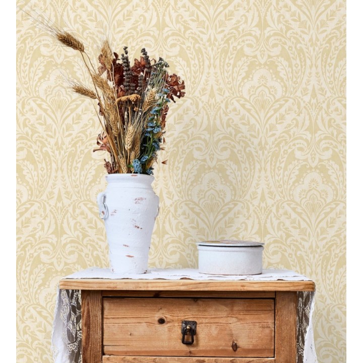 Papel pintado damasco étnico desgastado tonos amarillo mostaza - Clarendon Heritage 683743