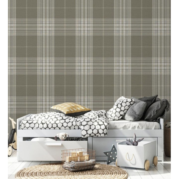 Papel pintado de cuadros escoceses con textura textil tonos visón - Edinburgh Glencheck 683744