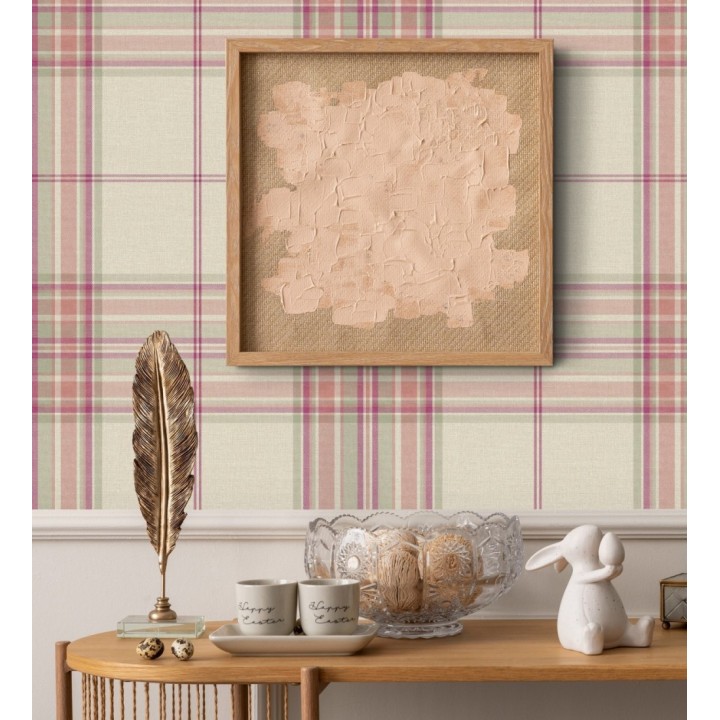Papel pintado de cuadros escoceses con textura textil tonos magenta y verde - Edinburgh Glencheck 683745