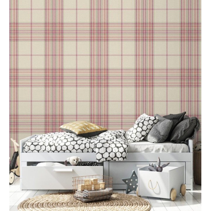 Papel pintado de cuadros escoceses con textura textil tonos magenta y verde - Edinburgh Glencheck 683745