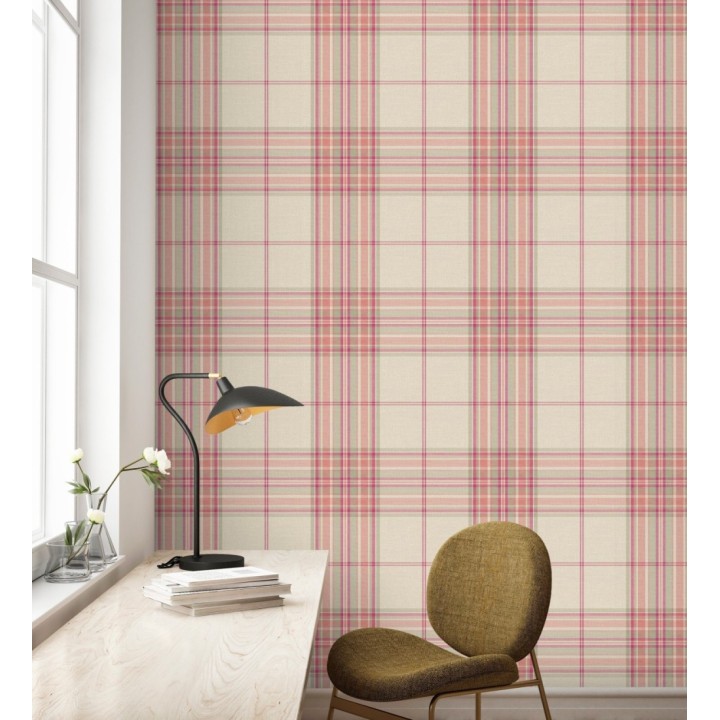 Papel pintado de cuadros escoceses con textura textil tonos magenta y verde - Edinburgh Glencheck 683745