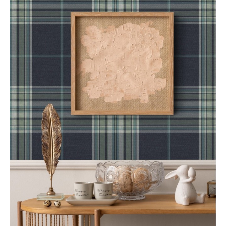 Papel pintado de cuadros escoceses con textura textil tonos azules y verdes - Edinburgh Glencheck 683746