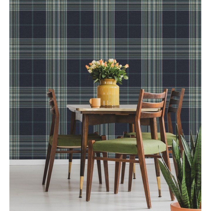 Papel pintado de cuadros escoceses con textura textil tonos azules y verdes - Edinburgh Glencheck 683746
