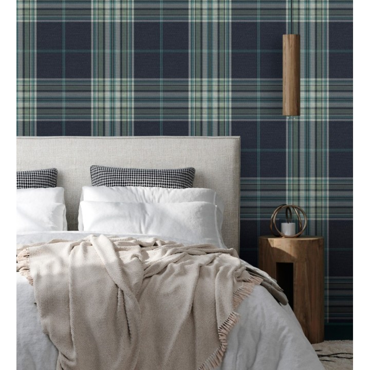 Papel pintado de cuadros escoceses con textura textil tonos azules y verdes - Edinburgh Glencheck 683746