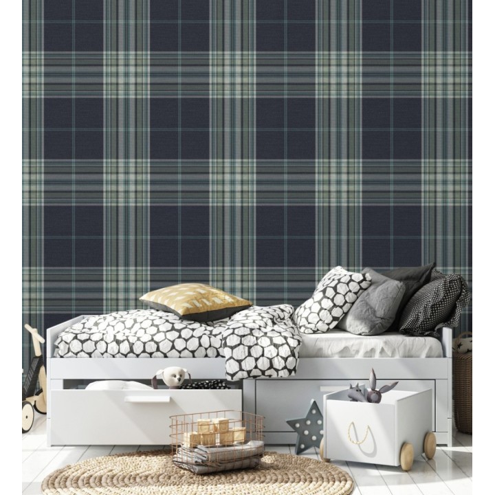 Papel pintado de cuadros escoceses con textura textil tonos azules y verdes - Edinburgh Glencheck 683746