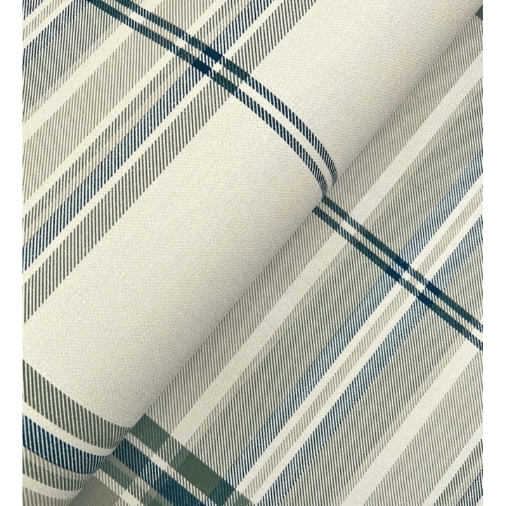 Papel pintado de cuadros escoceses con textura textil tonos crema azul y verde - Edinburgh Glencheck 683747