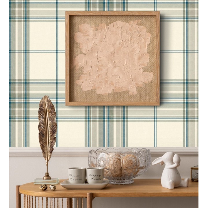 Papel pintado de cuadros escoceses con textura textil tonos crema azul y verde - Edinburgh Glencheck 683747