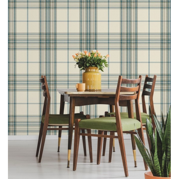 Papel pintado de cuadros escoceses con textura textil tonos crema azul y verde - Edinburgh Glencheck 683747