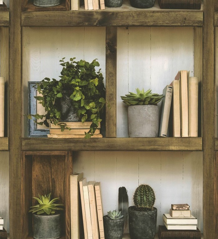Papel pintado estantería con libros y macetas - Garden Hall 126336