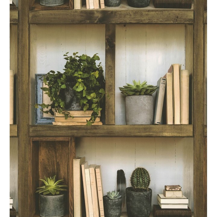 Papel pintado estantería con libros y macetas - Garden Hall 126336