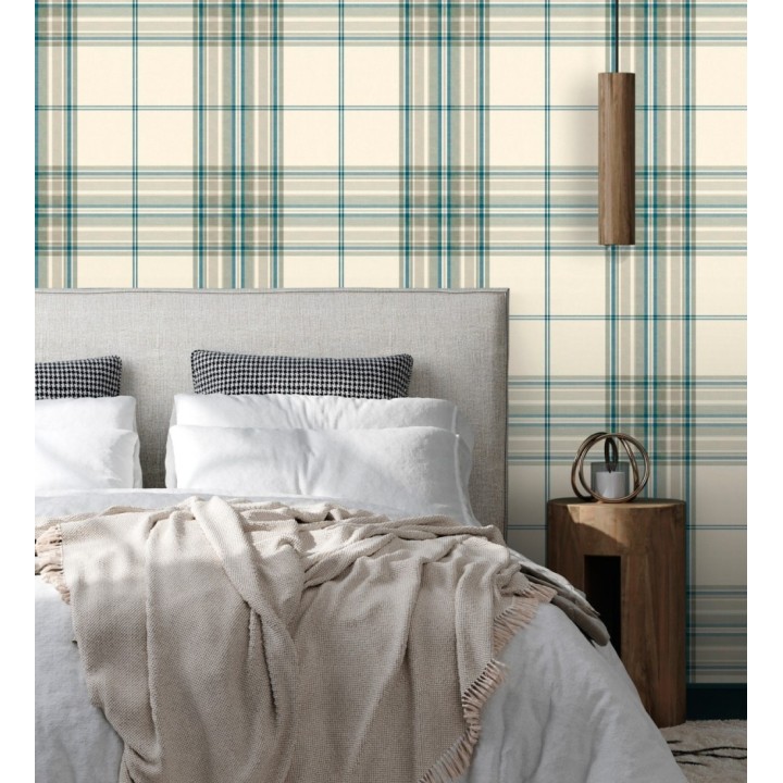 Papel pintado de cuadros escoceses con textura textil tonos crema azul y verde - Edinburgh Glencheck 683747