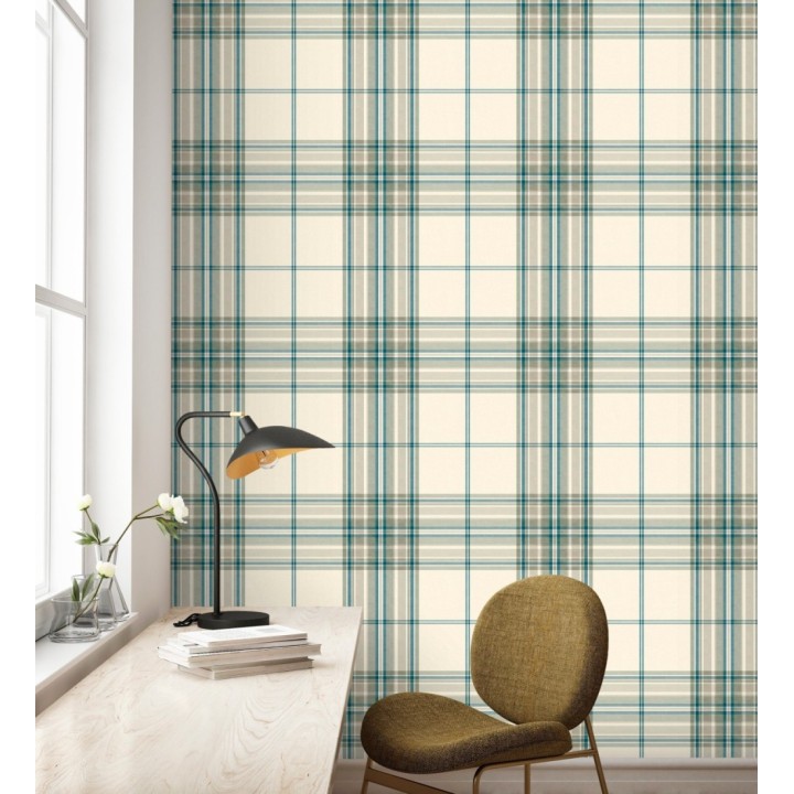 Papel pintado de cuadros escoceses con textura textil tonos crema azul y verde - Edinburgh Glencheck 683747