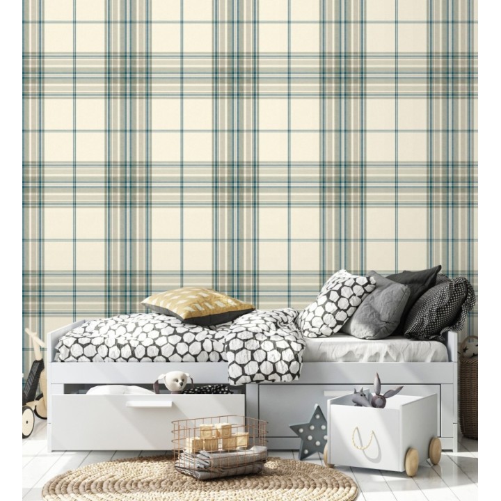 Papel pintado de cuadros escoceses con textura textil tonos crema azul y verde - Edinburgh Glencheck 683747