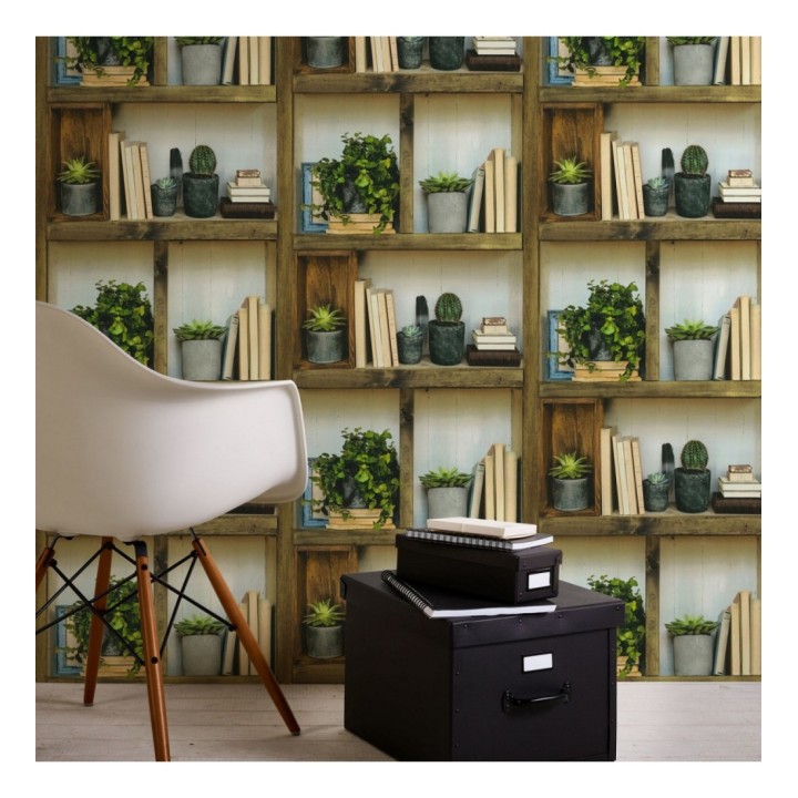 Papel pintado estantería con libros y macetas - Garden Hall 126336