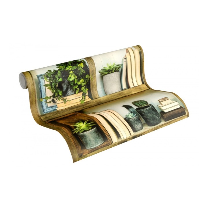 Papel pintado estantería con libros y macetas - Garden Hall 126336