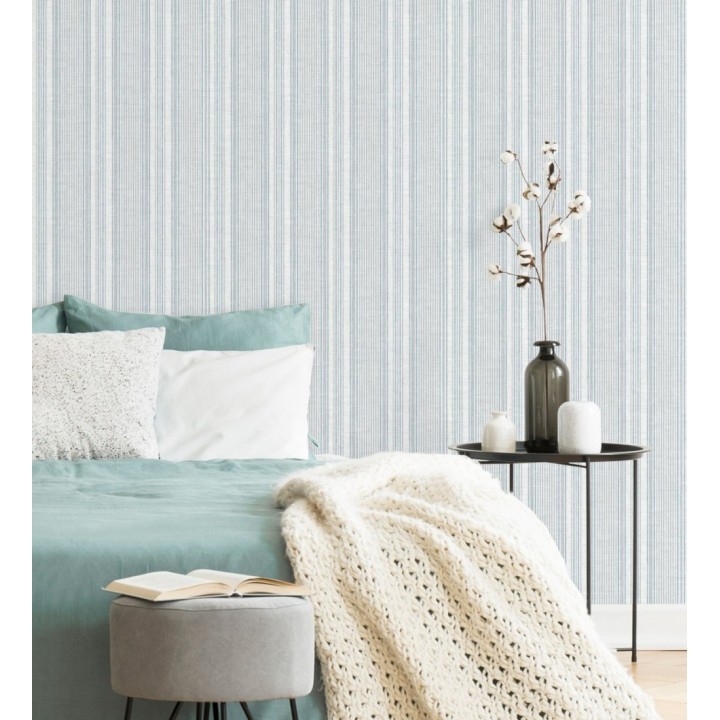 Papel pintado rayas denim efecto lino natural - Kensington Pinstripe 683753