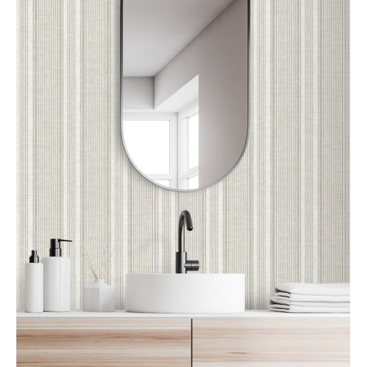 Papel pintado rayas lino gris piedra y arena - Kensington Pinstripe 683754