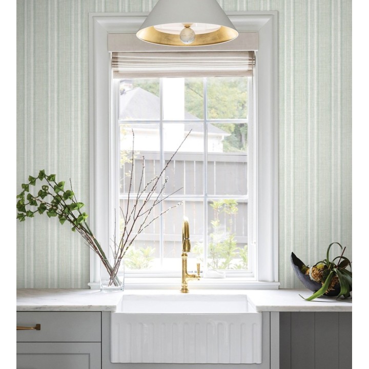 Papel pintado rayas lino verde salvia y azul suave - Kensington Pinstripe 683755