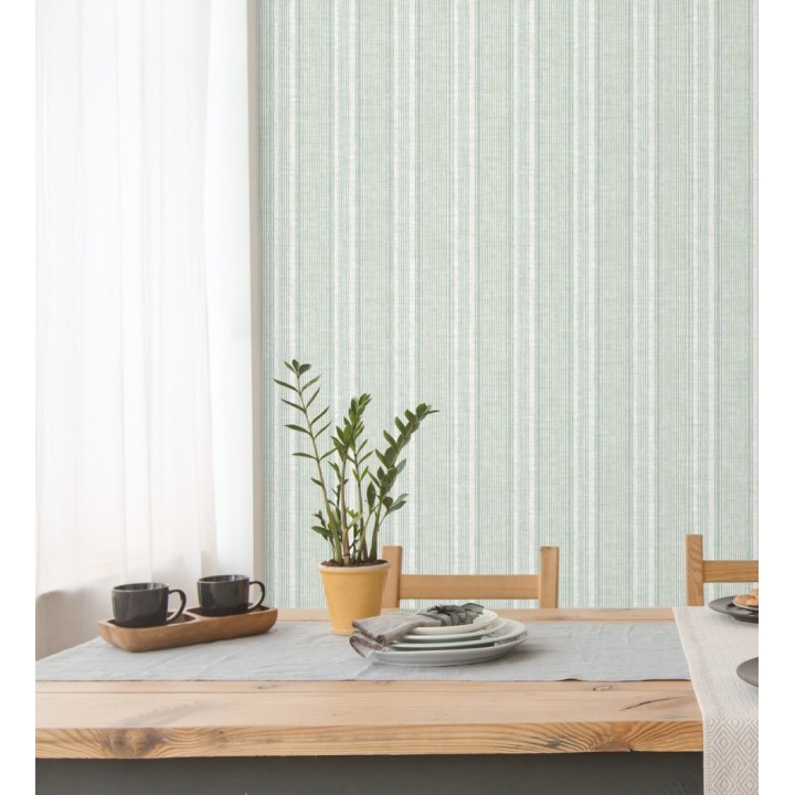 Papel pintado rayas lino verde salvia y azul suave - Kensington Pinstripe 683755