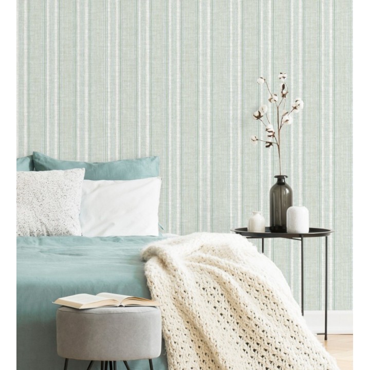 Papel pintado rayas lino verde salvia y azul suave - Kensington Pinstripe 683755