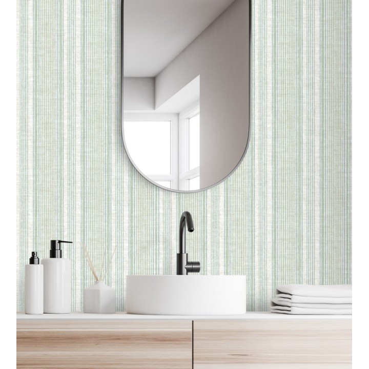 Papel pintado rayas lino verde salvia y azul suave - Kensington Pinstripe 683755