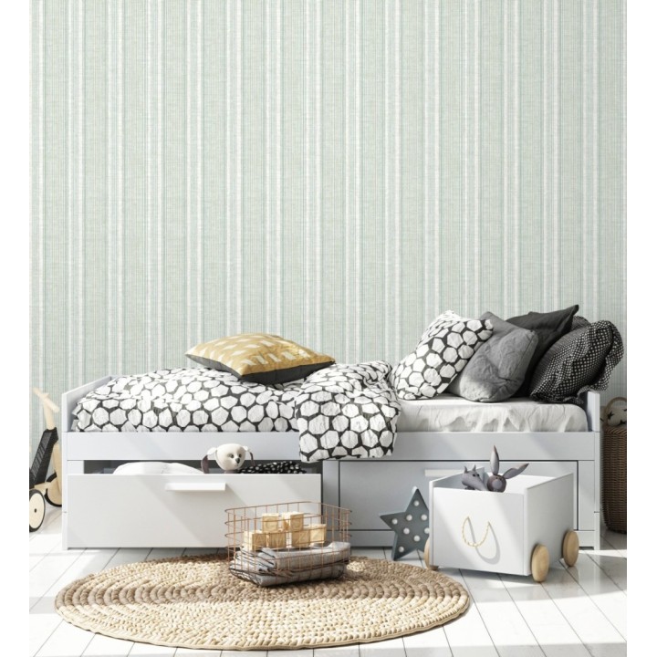 Papel pintado rayas lino verde salvia y azul suave - Kensington Pinstripe 683755