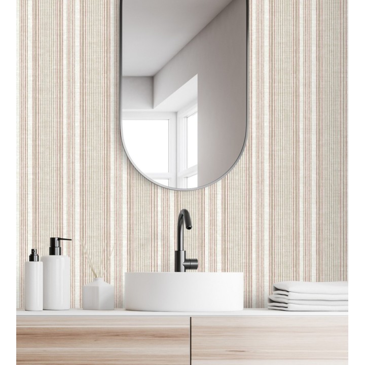 Papel pintado rayas lino terracota y beige cálido - Kensington Pinstripe 683756