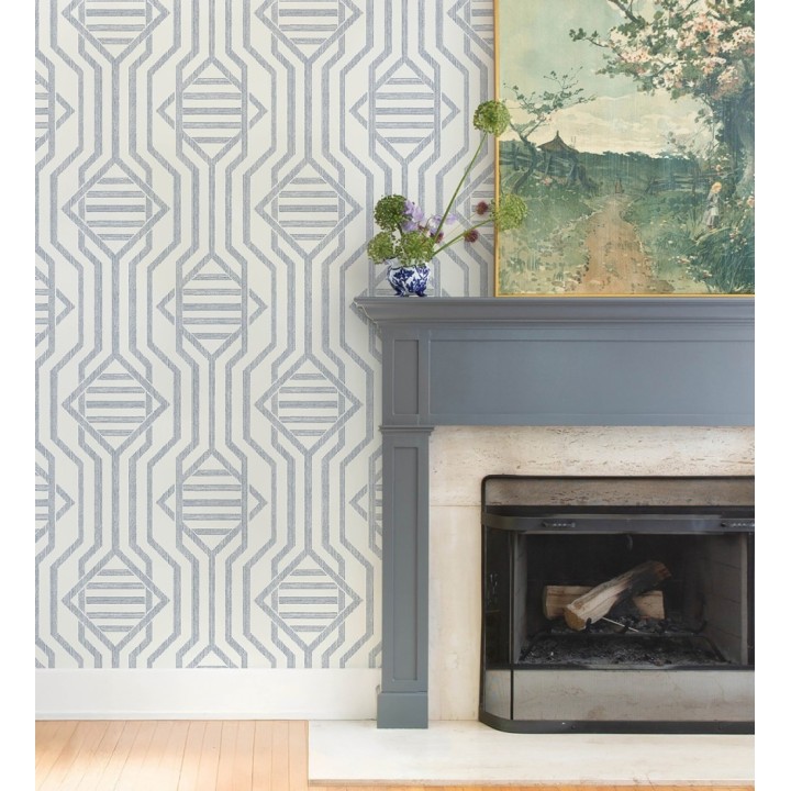 Papel pintado laberinto pictórico azul y blanco - Cambridge Symmetry 683763