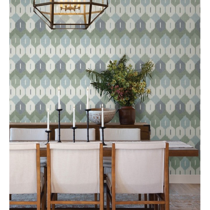 Papel pintado de rombos Ikat colores celeste y verde - Samarkand Ikat 683766