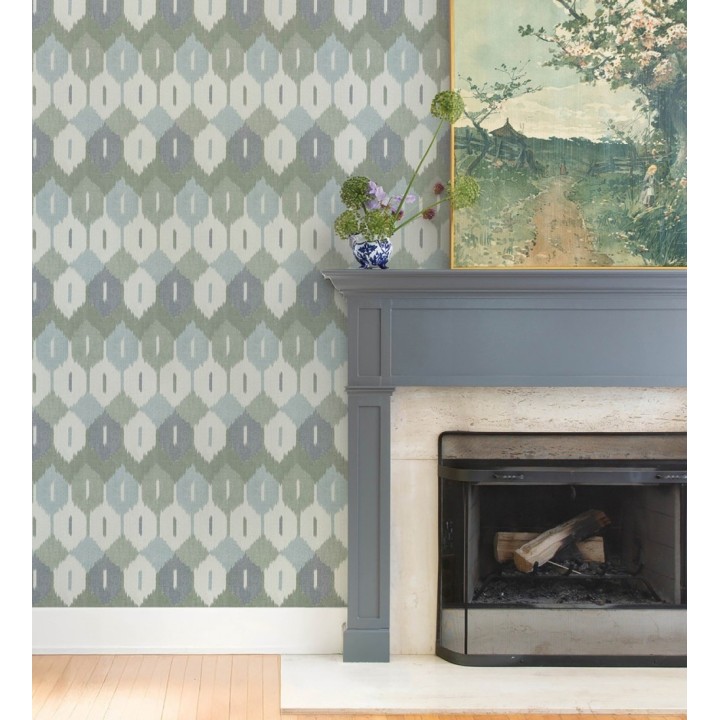 Papel pintado de rombos Ikat colores celeste y verde - Samarkand Ikat 683766