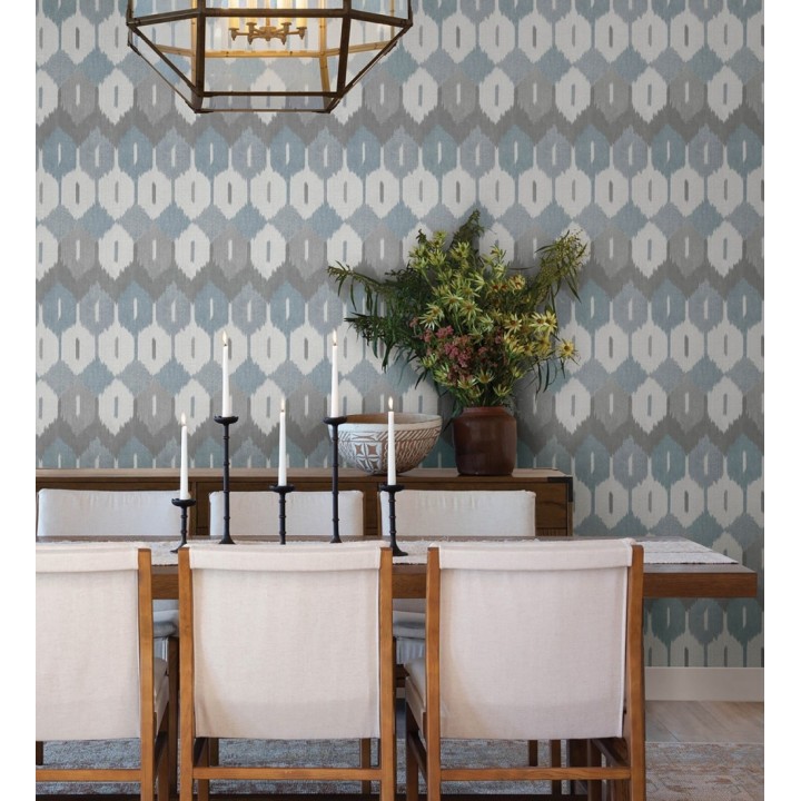 Papel pintado de rombos Ikat colores azul denim y gris carbón - Samarkand Ikat 683767