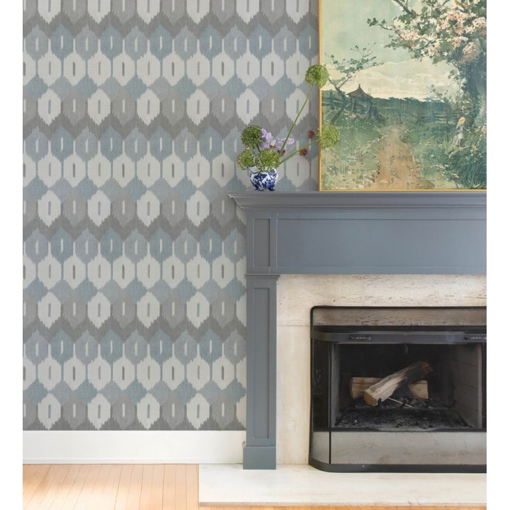 Papel pintado de rombos Ikat colores azul denim y gris carbón - Samarkand Ikat 683767