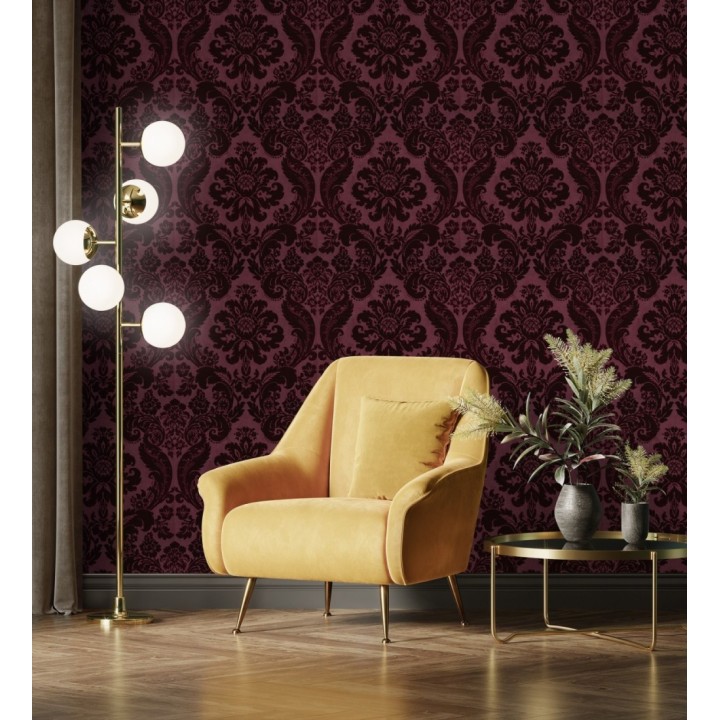 Papel pintado damasco en relieve con terciopelo color burdeos - Adagio 683772