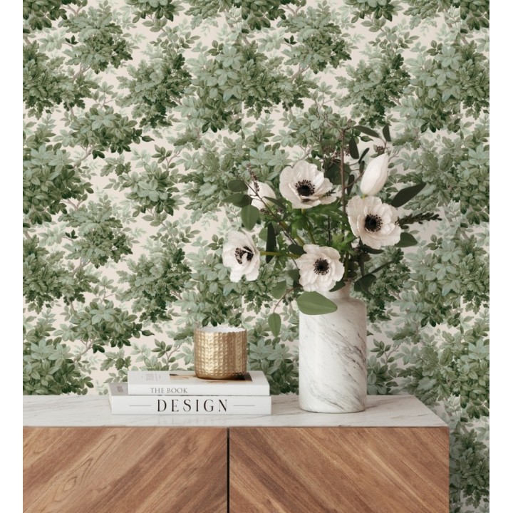 Papel pintado bosque frondoso tonos verde y crema - Cotswold Foliage 683778