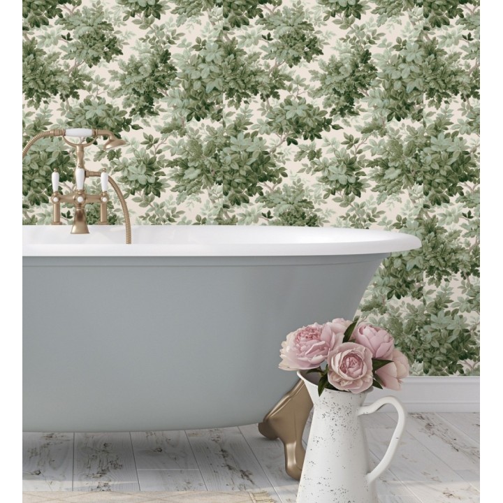Papel pintado bosque frondoso tonos verde y crema - Cotswold Foliage 683778